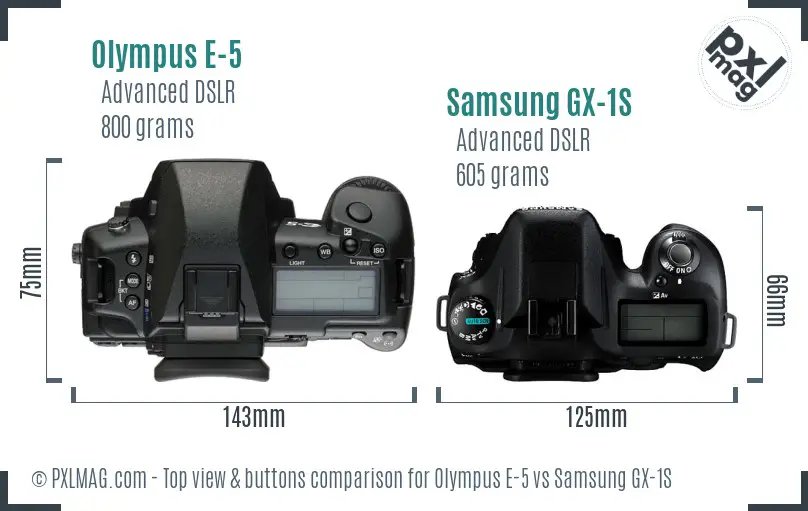 Olympus E-5 vs Samsung GX-1S top view buttons comparison Olympus E-5 vs Samsung GX-1S top view buttons comparison