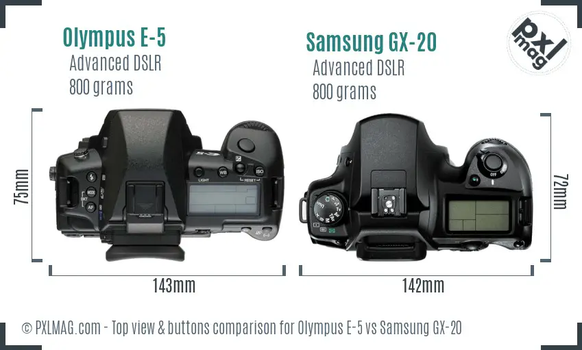 Olympus E-5 vs Samsung GX-20 top view buttons comparison