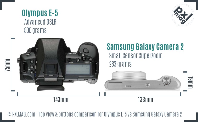 Olympus E-5 vs Samsung Galaxy Camera 2 top view buttons comparison