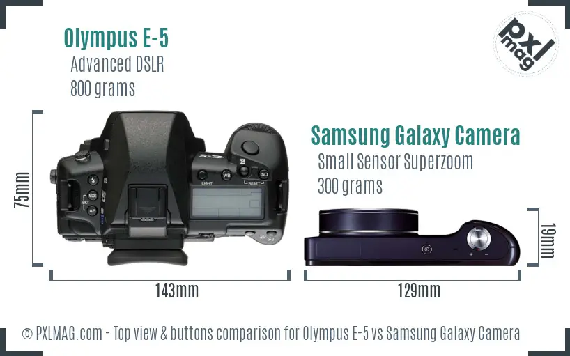 Olympus E-5 vs Samsung Galaxy Camera top view buttons comparison Olympus E-5 vs Samsung Galaxy Camera top view buttons comparison