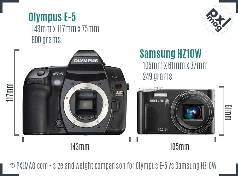 Olympus E-5 vs Samsung HZ10W size comparison Olympus E-5 vs Samsung HZ10W size comparison