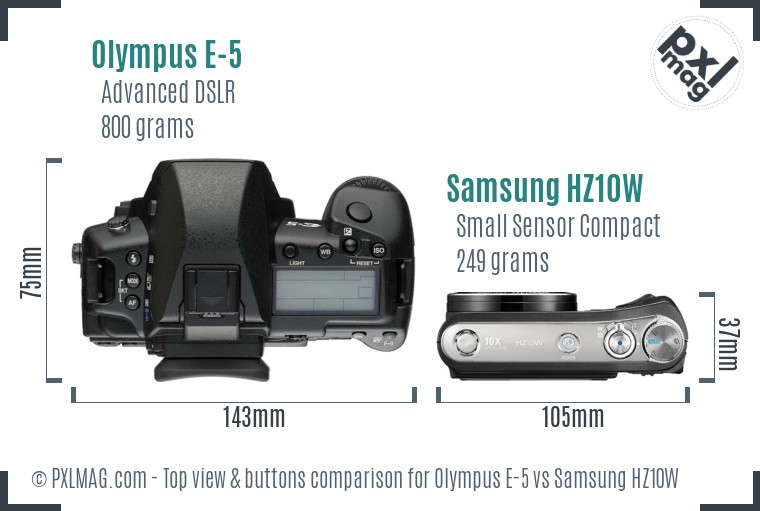 Olympus E-5 vs Samsung HZ10W top view buttons comparison