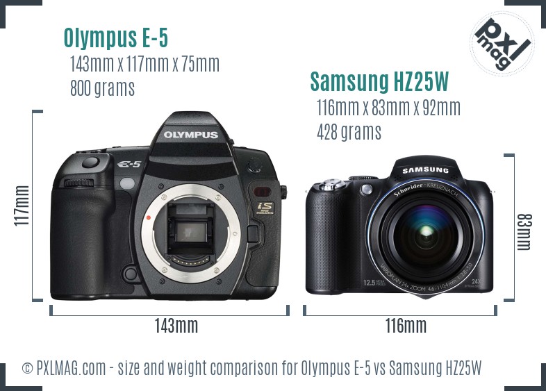Olympus E-5 vs Samsung HZ25W size comparison