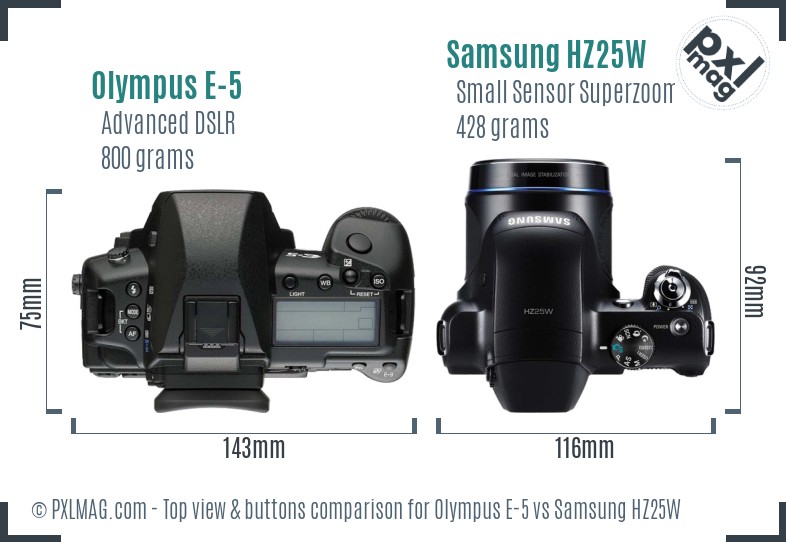 Olympus E-5 vs Samsung HZ25W top view buttons comparison