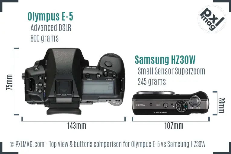 Olympus E-5 vs Samsung HZ30W top view buttons comparison Olympus E-5 vs Samsung HZ30W top view buttons comparison