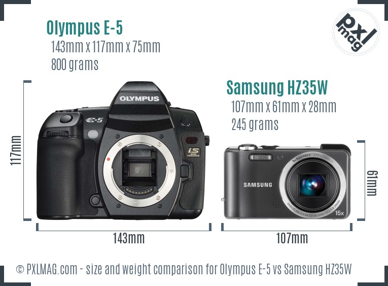 Olympus E-5 vs Samsung HZ35W size comparison Olympus E-5 vs Samsung HZ35W size comparison