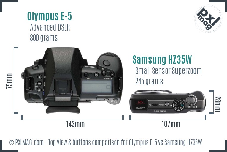 Olympus E-5 vs Samsung HZ35W top view buttons comparison