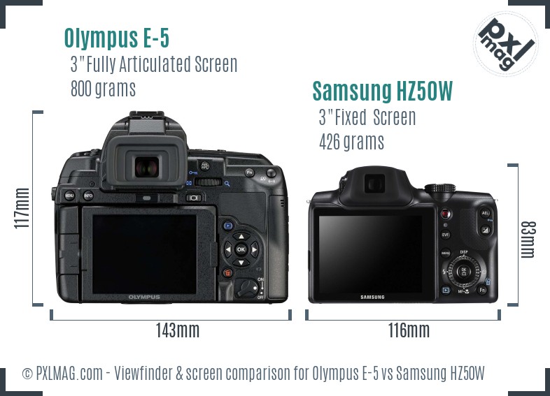 Olympus E-5 vs Samsung HZ50W Screen and Viewfinder comparison