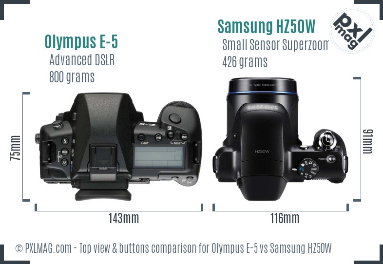 Olympus E-5 vs Samsung HZ50W top view buttons comparison