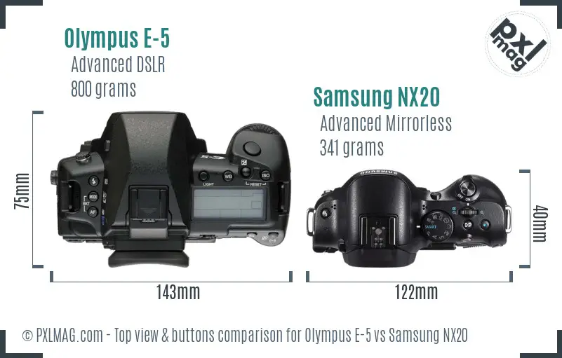 Olympus E-5 vs Samsung NX20 top view buttons comparison