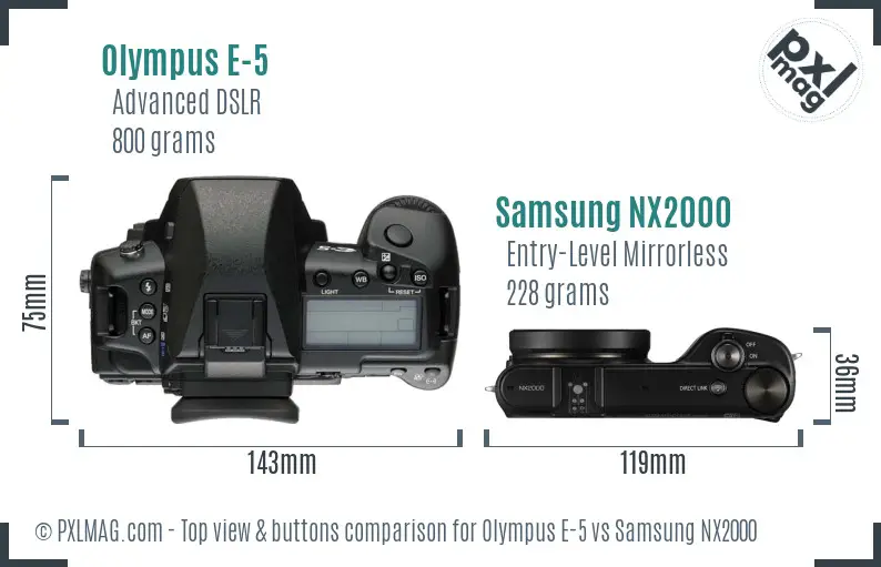 Olympus E-5 vs Samsung NX2000 top view buttons comparison