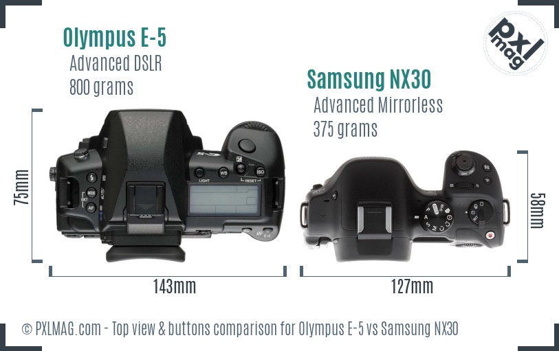 Olympus E-5 vs Samsung NX30 top view buttons comparison