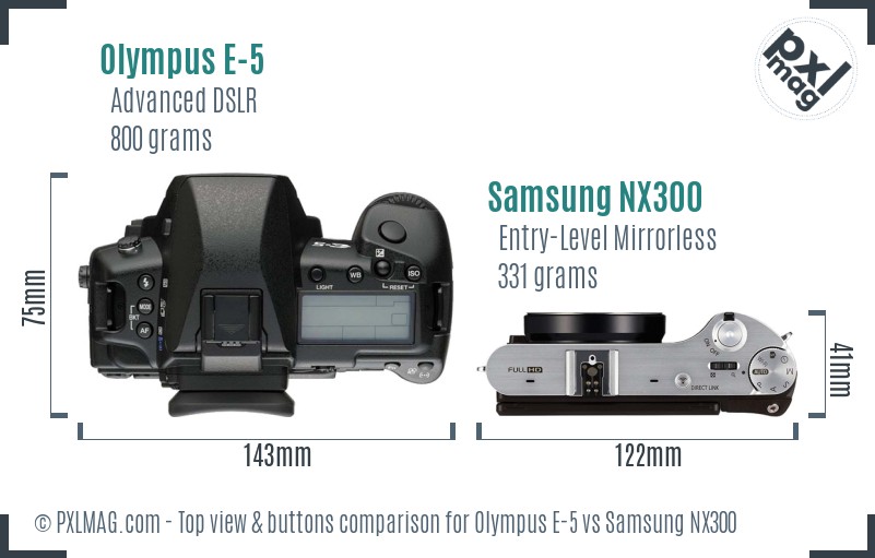 Olympus E-5 vs Samsung NX300 top view buttons comparison