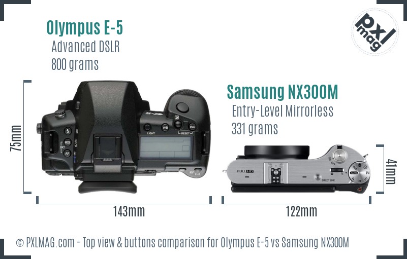 Olympus E-5 vs Samsung NX300M top view buttons comparison