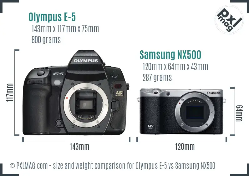 Olympus E-5 vs Samsung NX500 size comparison Olympus E-5 vs Samsung NX500 size comparison