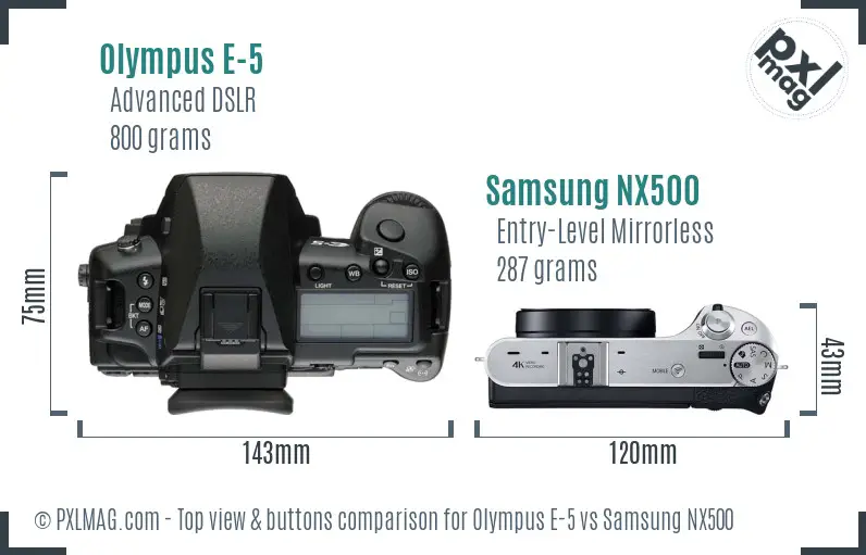 Olympus E-5 vs Samsung NX500 top view buttons comparison Olympus E-5 vs Samsung NX500 top view buttons comparison