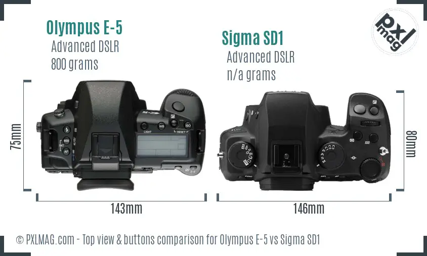 Olympus E-5 vs Sigma SD1 top view buttons comparison