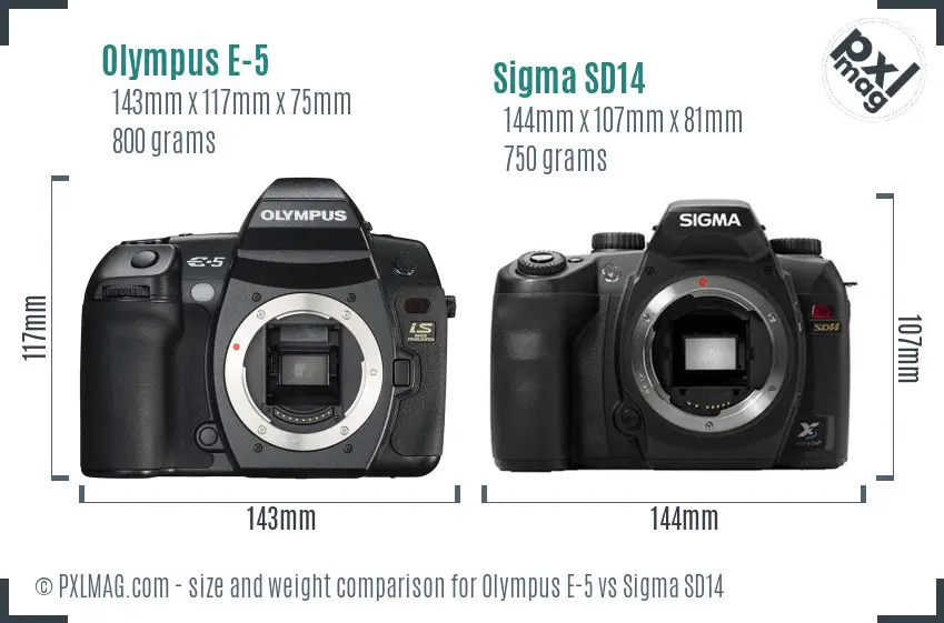 Olympus E-5 vs Sigma SD14 size comparison