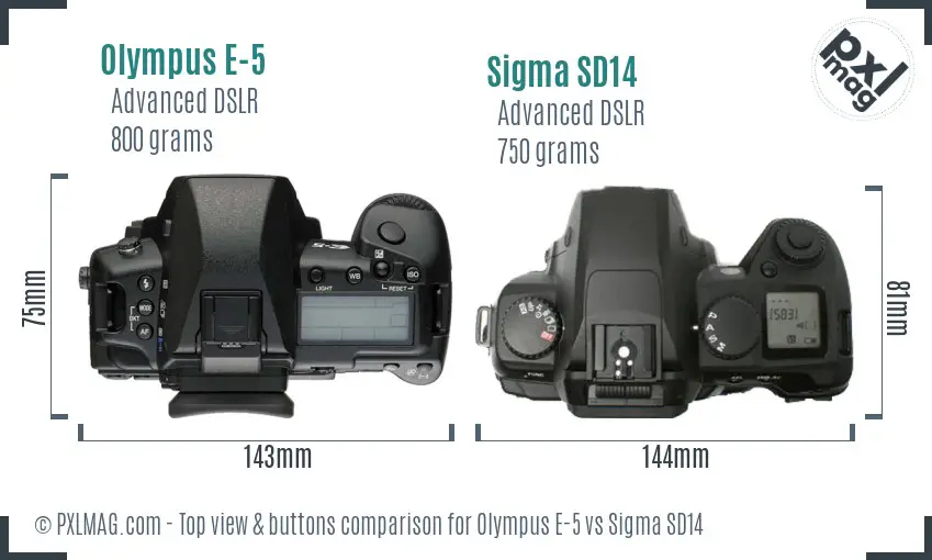 Olympus E-5 vs Sigma SD14 top view buttons comparison