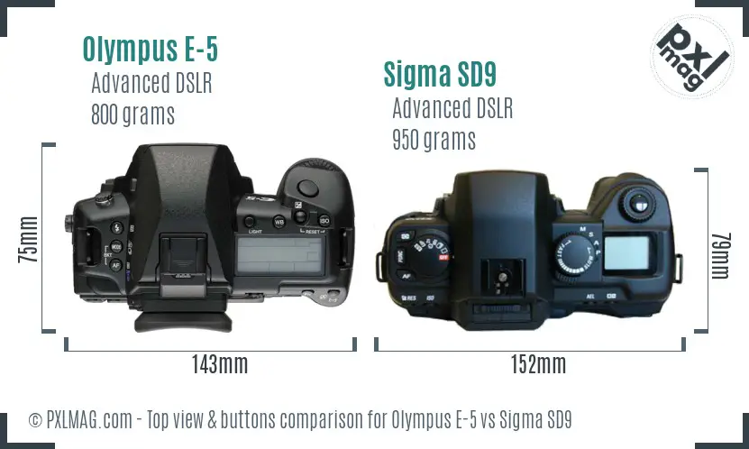 Olympus E-5 vs Sigma SD9 top view buttons comparison