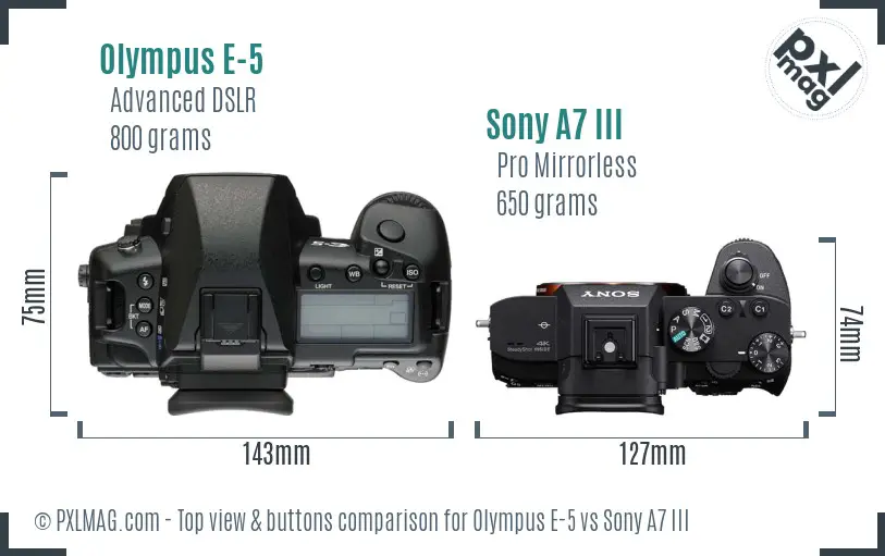 Olympus E-5 vs Sony A7 III top view buttons comparison