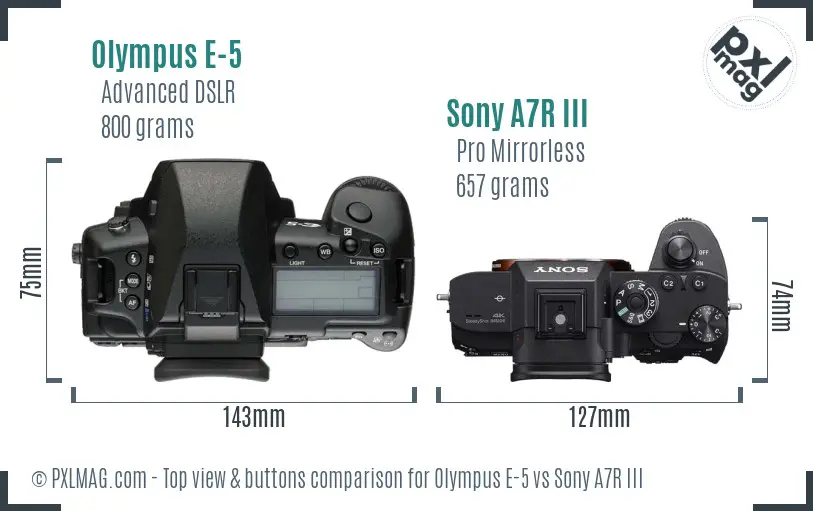 Olympus E-5 vs Sony A7R III top view buttons comparison