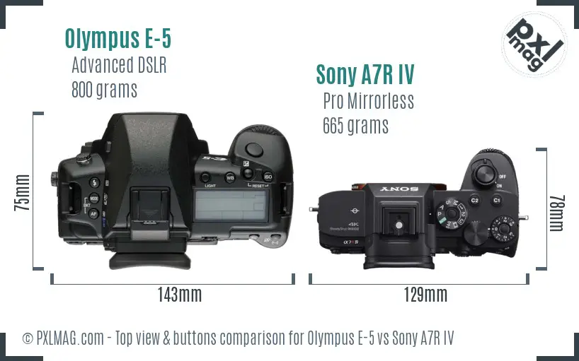 Olympus E-5 vs Sony A7R IV top view buttons comparison