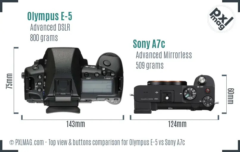 Olympus E-5 vs Sony A7c top view buttons comparison Olympus E-5 vs Sony A7c top view buttons comparison