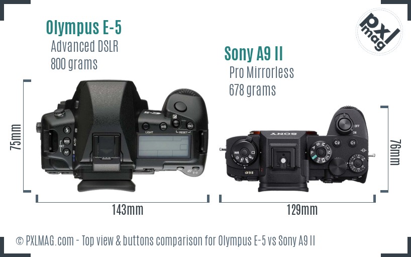Olympus E-5 vs Sony A9 II top view buttons comparison