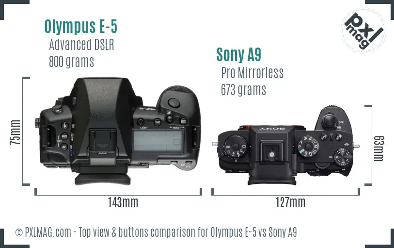 Olympus E-5 vs Sony A9 top view buttons comparison