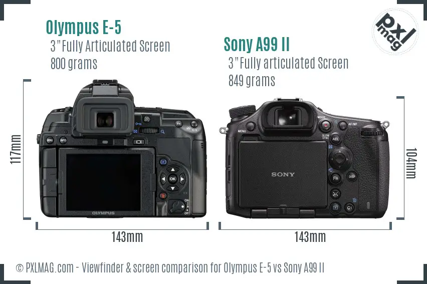 Olympus E-5 vs Sony A99 II Screen and Viewfinder comparison