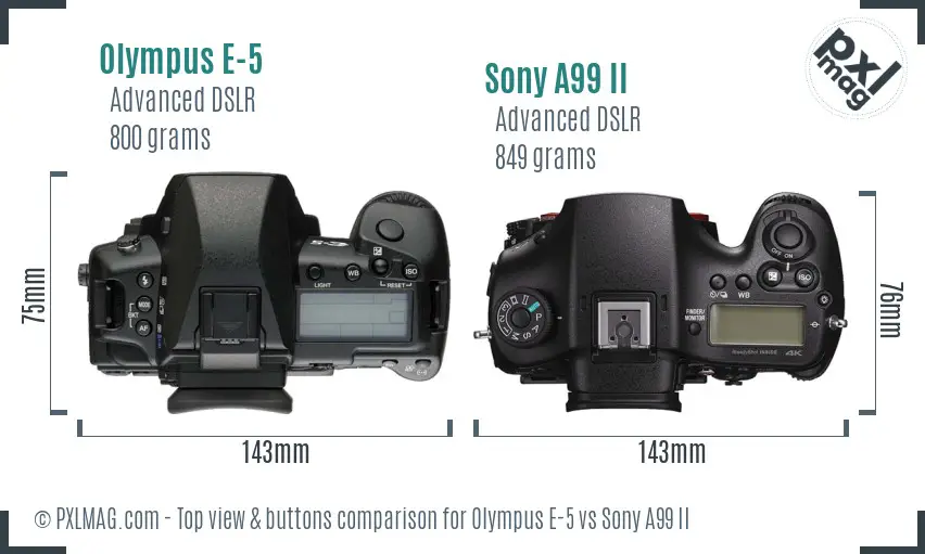 Olympus E-5 vs Sony A99 II top view buttons comparison