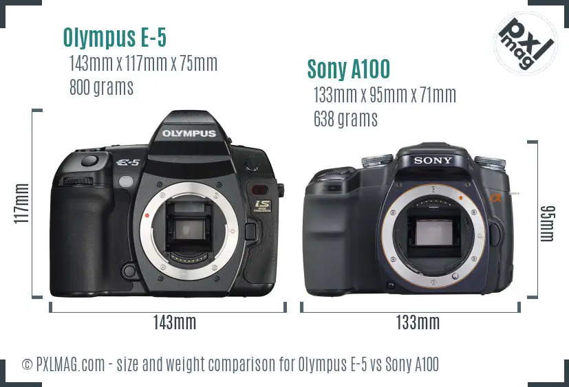 Olympus E-5 vs Sony A100 size comparison