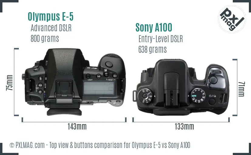 Olympus E-5 vs Sony A100 top view buttons comparison