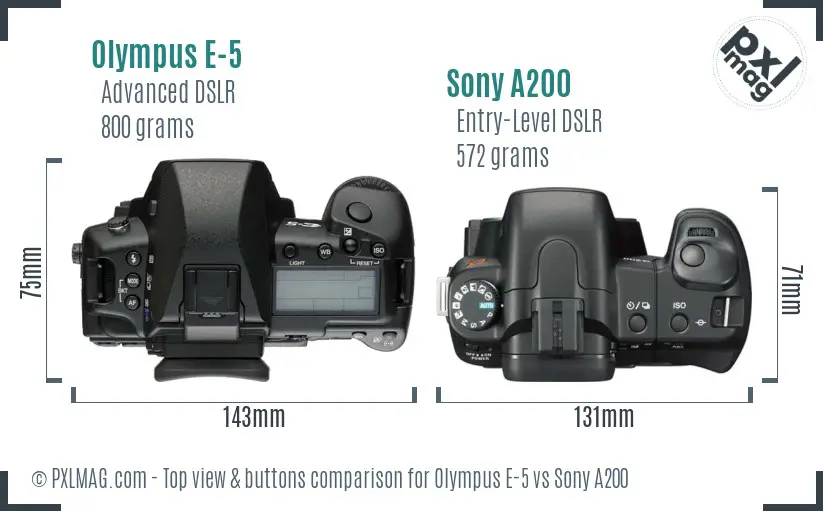 Olympus E-5 vs Sony A200 top view buttons comparison