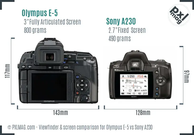 Olympus E-5 vs Sony A230 Screen and Viewfinder comparison