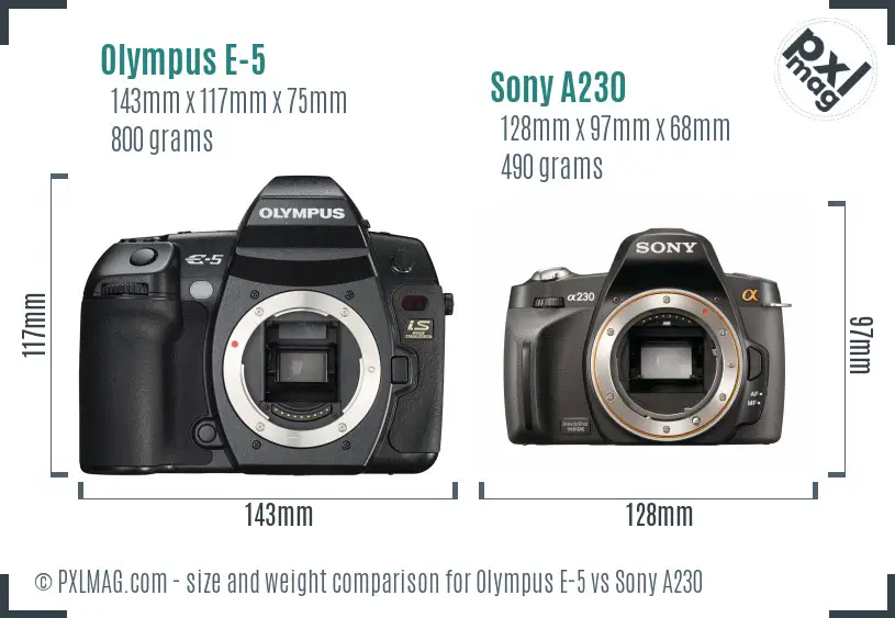 Olympus E-5 vs Sony A230 size comparison