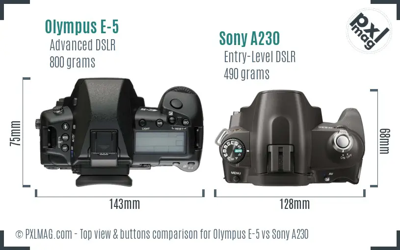 Olympus E-5 vs Sony A230 top view buttons comparison