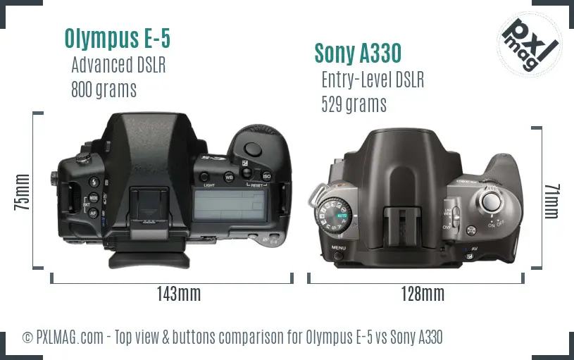 Olympus E-5 vs Sony A330 top view buttons comparison