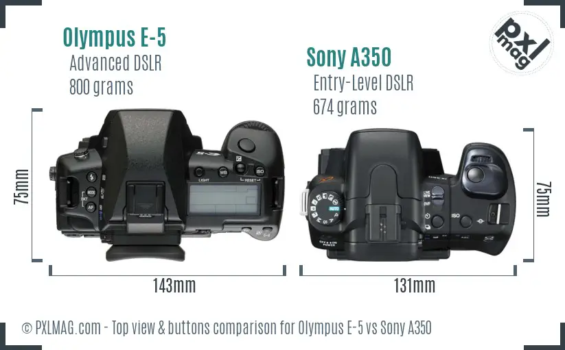 Olympus E-5 vs Sony A350 top view buttons comparison