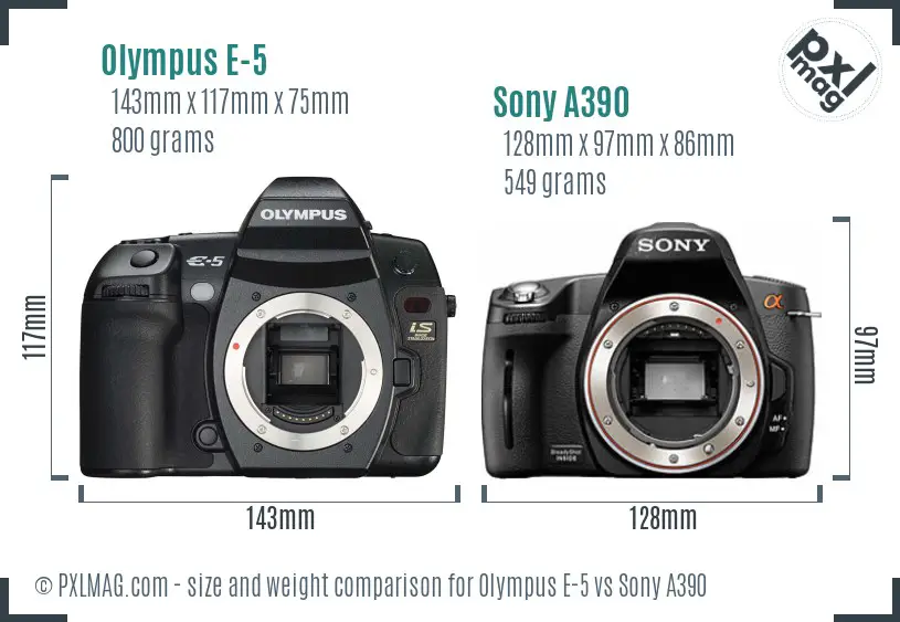 Olympus E-5 vs Sony A390 size comparison