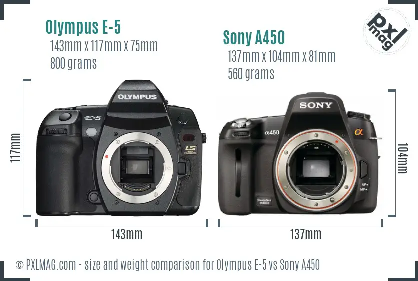 Olympus E-5 vs Sony A450 size comparison