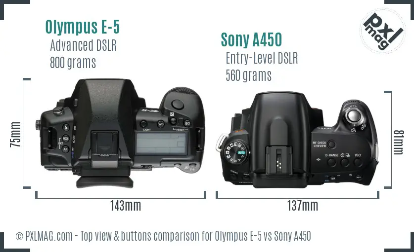 Olympus E-5 vs Sony A450 top view buttons comparison