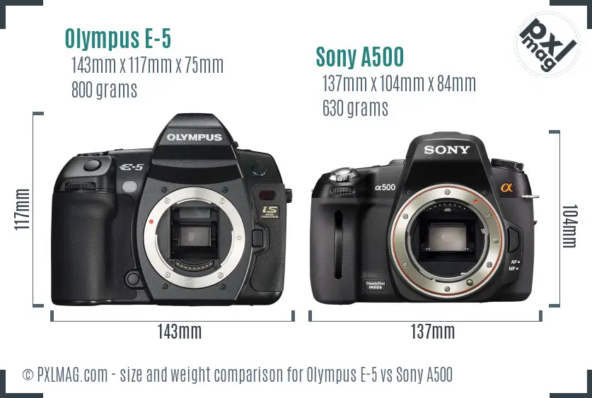 Olympus E-5 vs Sony A500 size comparison