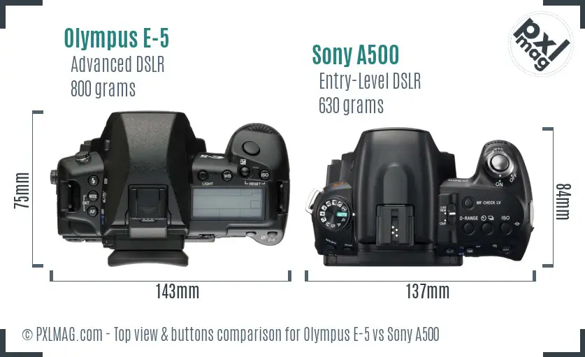 Olympus E-5 vs Sony A500 top view buttons comparison