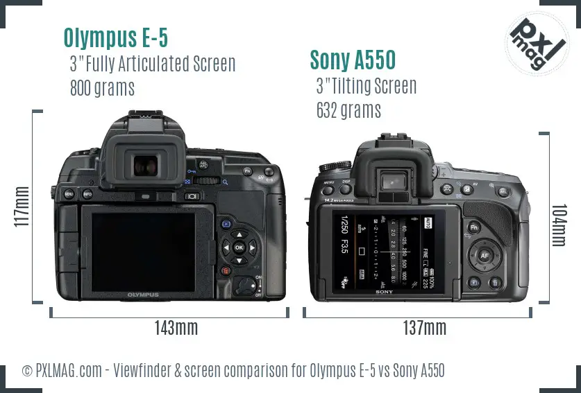 Olympus E-5 vs Sony A550 Screen and Viewfinder comparison