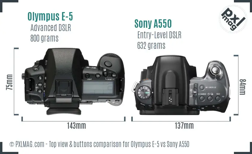 Olympus E-5 vs Sony A550 top view buttons comparison