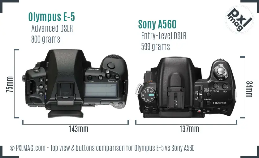 Olympus E-5 vs Sony A560 top view buttons comparison