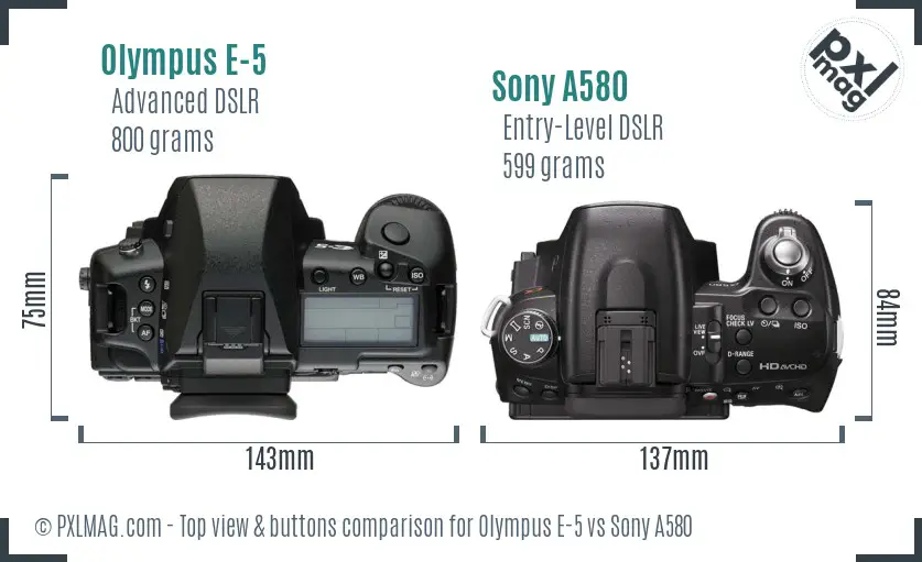 Olympus E-5 vs Sony A580 top view buttons comparison