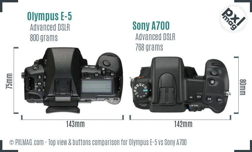 Olympus E-5 vs Sony A700 top view buttons comparison